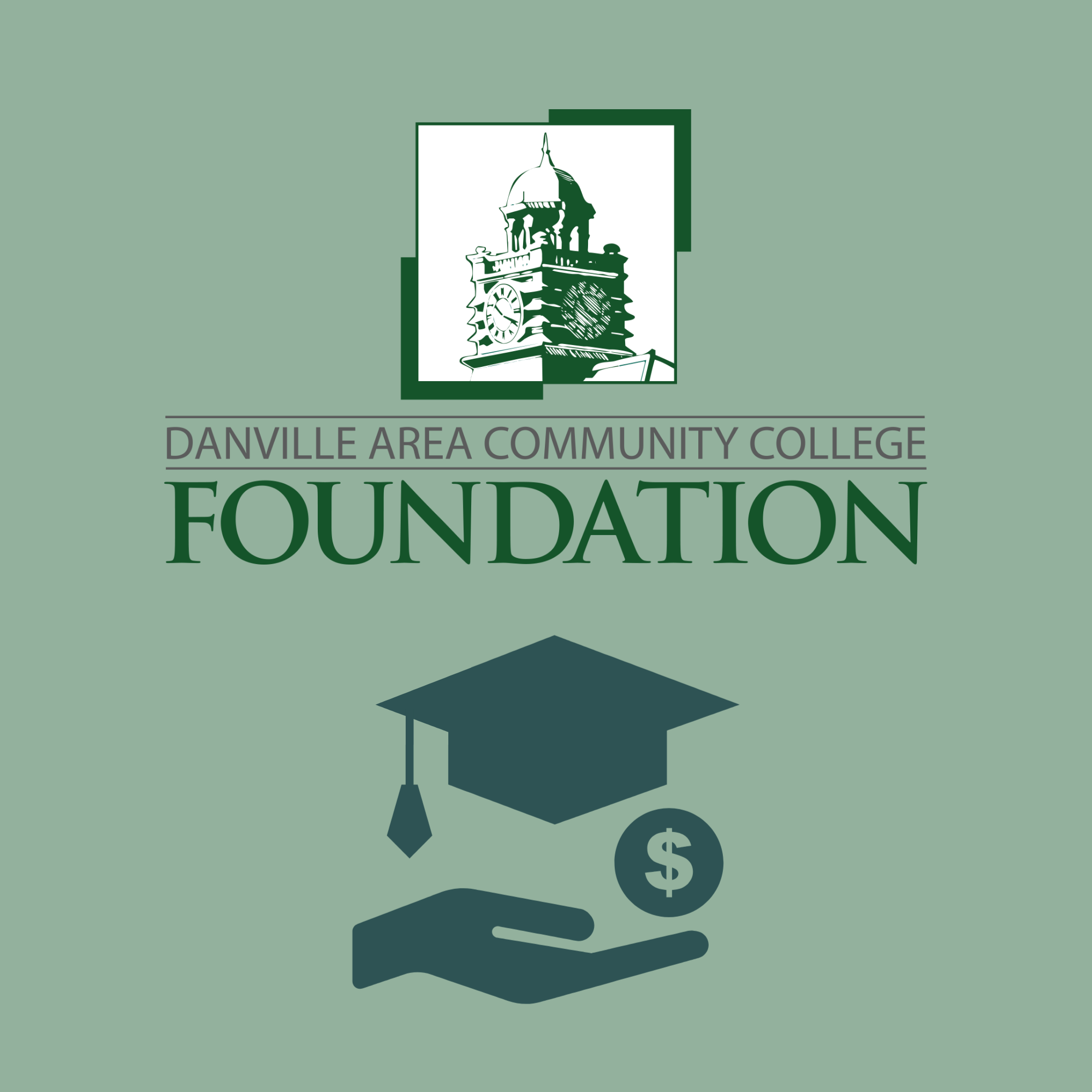 logo of the dacc foundation and under the logo is a hand with a graduation cap and a coin with the dollar symbol