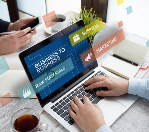 computer screen with the wordings of business, marketing, and raw materials