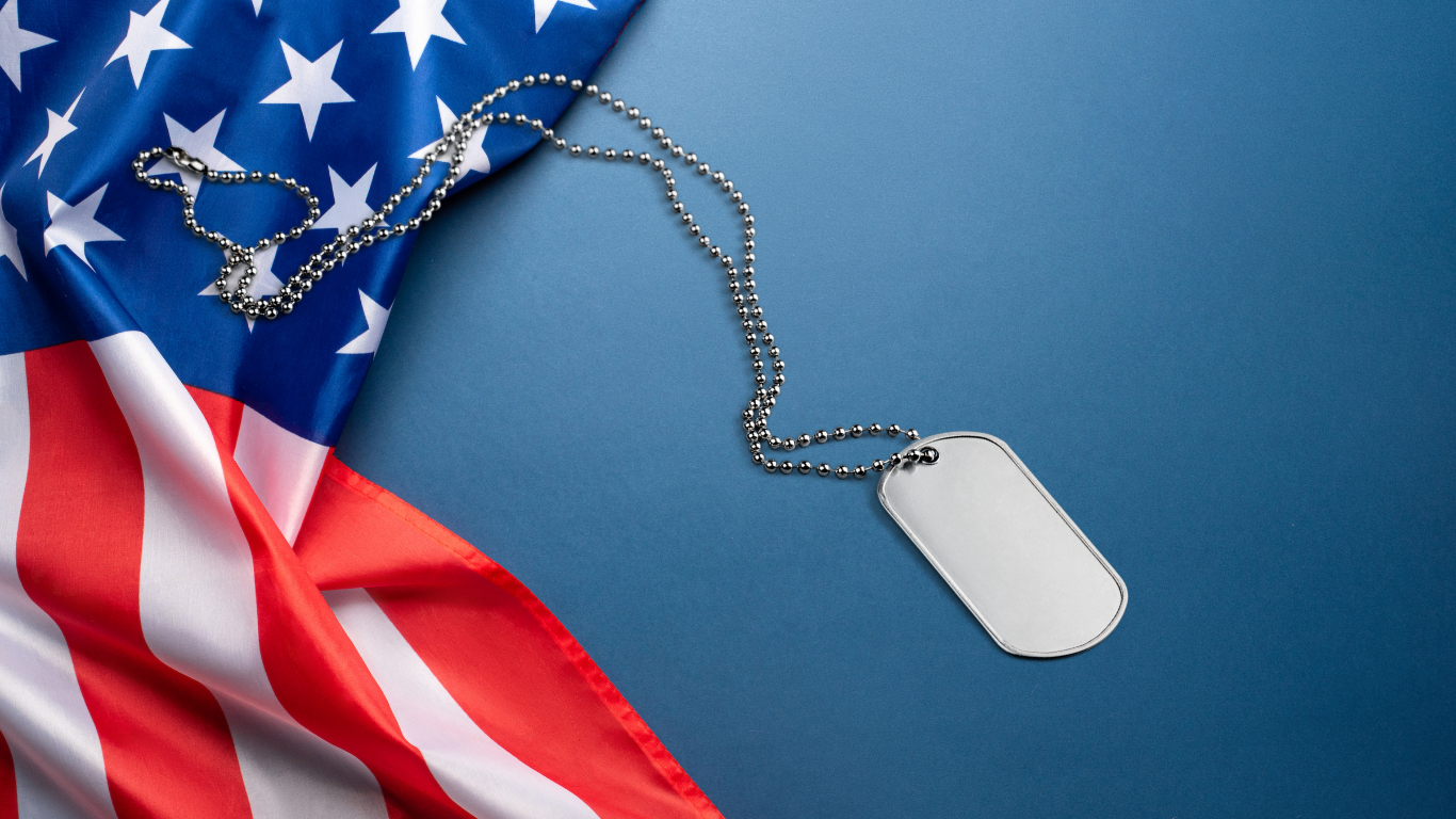 American Flag on the left with a Military Dog tag on the right