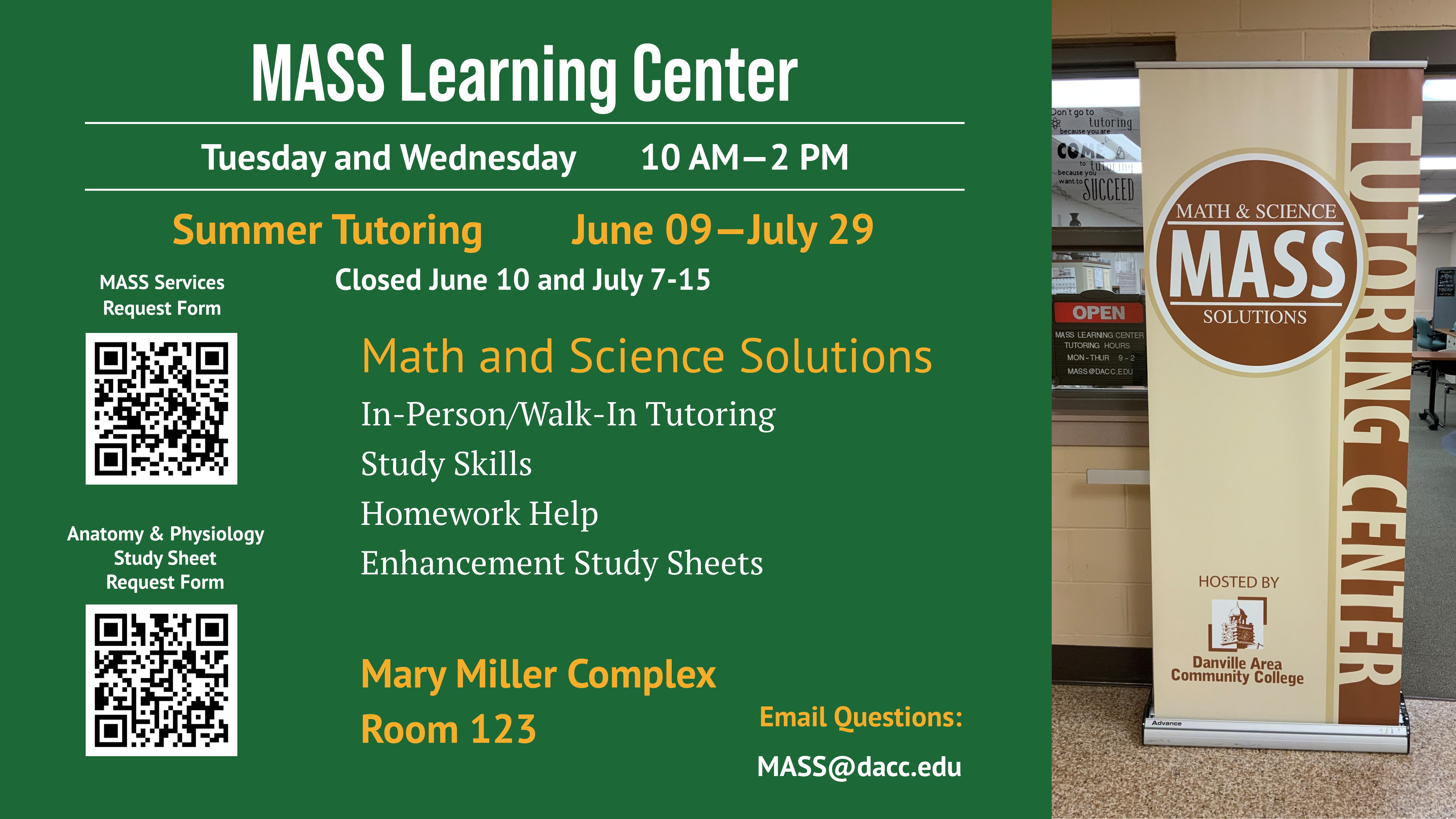 MASS Learning Center summer tutoring from June 9th - July 29th and will be closed June 10th and July 7th - 15th.