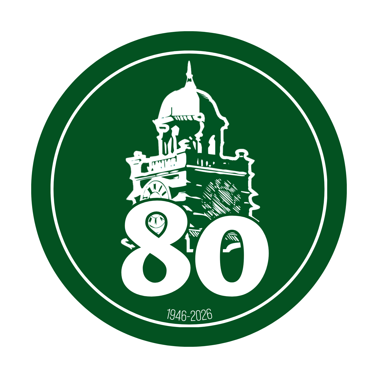 Danville Area College round clocktower logo with 80th on the bottom of the circle