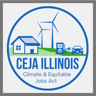 Climate & Equitable Jobs Act Logo. Depicts a house on the left, windmills in the center, and a charging station with a car on the right.